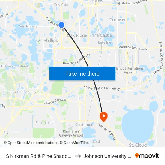 S Kirkman Rd & Pine Shadows Pkwy to Johnson University Florida map