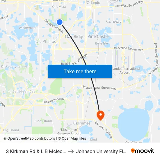 S Kirkman Rd & L B Mcleod Rd to Johnson University Florida map