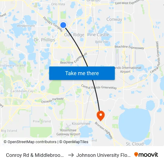 Conroy Rd & Middlebrook Rd to Johnson University Florida map