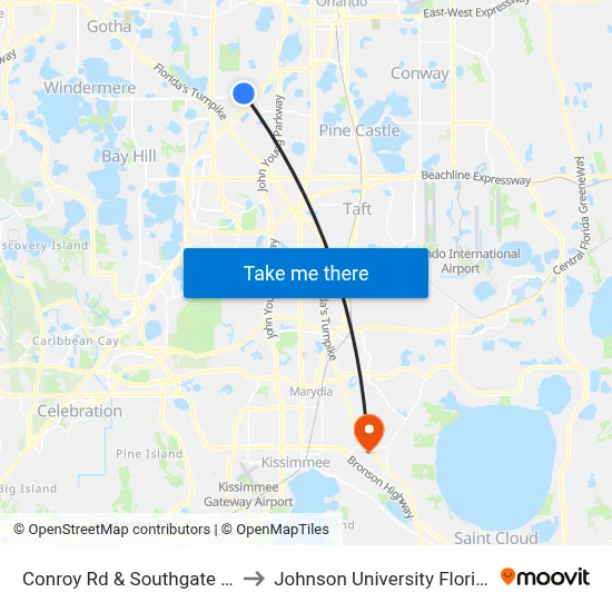 Conroy Rd & Southgate Dr to Johnson University Florida map