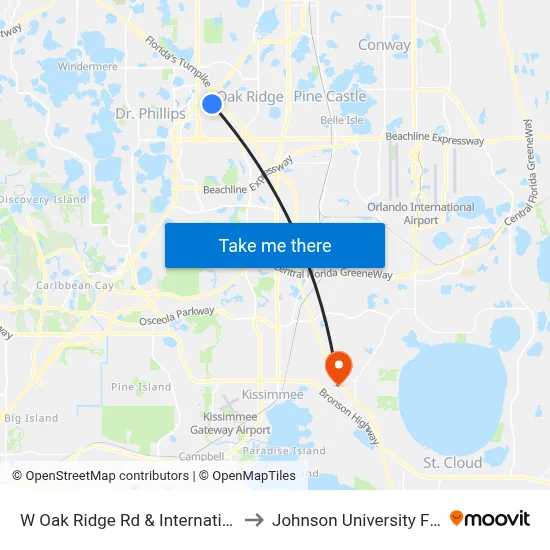 W Oak Ridge Rd & International Dr to Johnson University Florida map