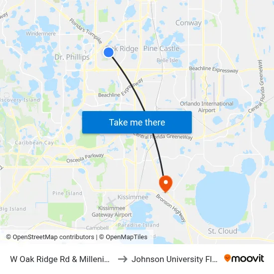 W Oak Ridge Rd & Millenia Blvd to Johnson University Florida map