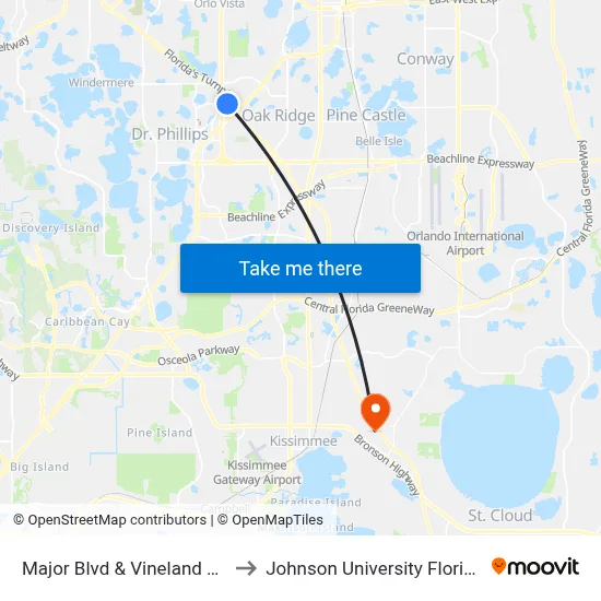 Major Blvd & Vineland Rd to Johnson University Florida map
