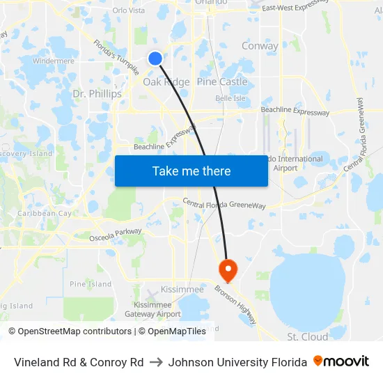 Vineland Rd & Conroy Rd to Johnson University Florida map