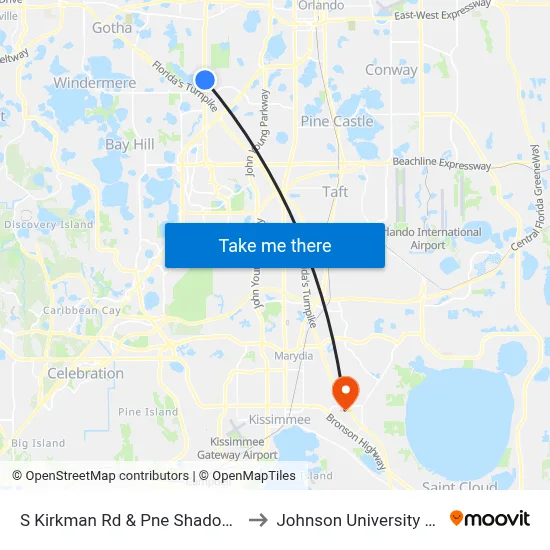 S Kirkman Rd & Pne Shadows Pkwy to Johnson University Florida map
