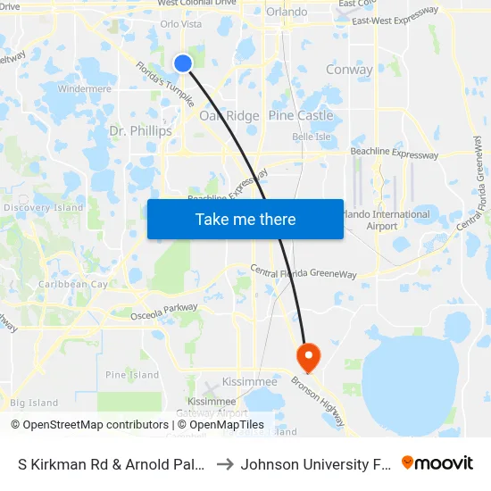 S Kirkman Rd & Arnold Palmer Dr to Johnson University Florida map