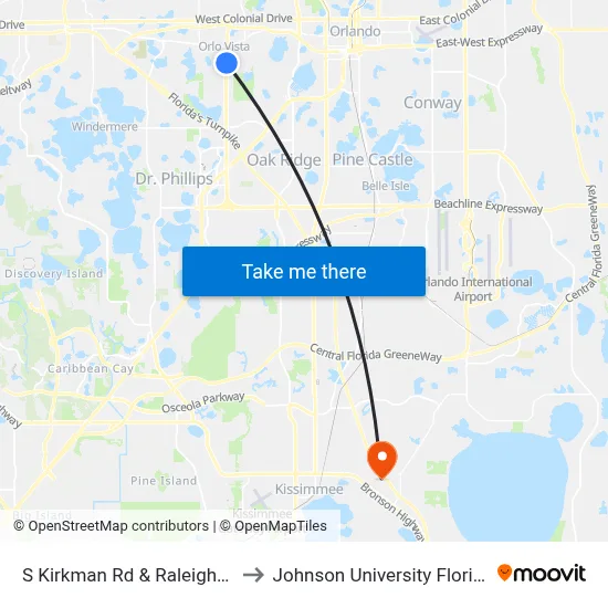 S Kirkman Rd & Raleigh St to Johnson University Florida map