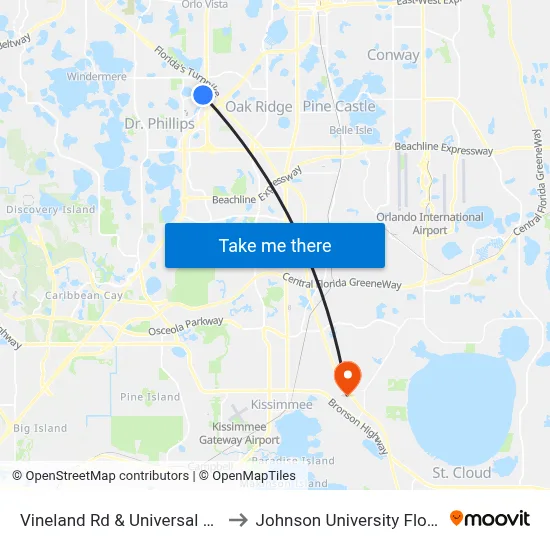 Vineland Rd & Universal Blvd to Johnson University Florida map