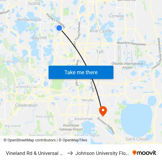 Vineland Rd & Universal Blvd to Johnson University Florida map