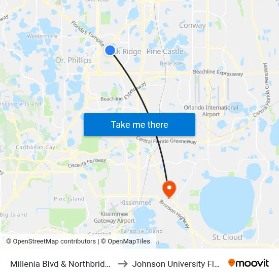 Millenia Blvd & Northbridge Dr to Johnson University Florida map