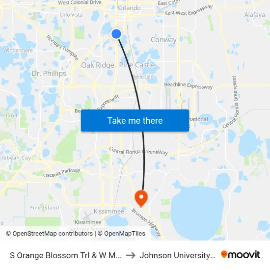 S Orange Blossom Trl & W Michigan St to Johnson University Florida map