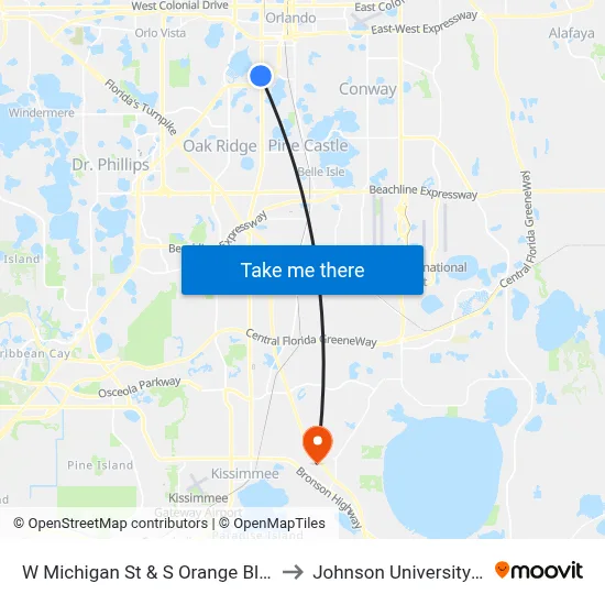 W Michigan St & S Orange Blossom Trl to Johnson University Florida map