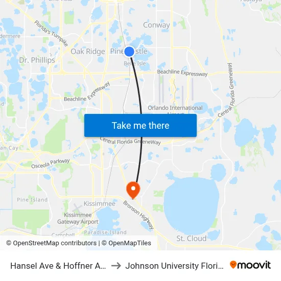 Hansel Ave & Hoffner Ave to Johnson University Florida map