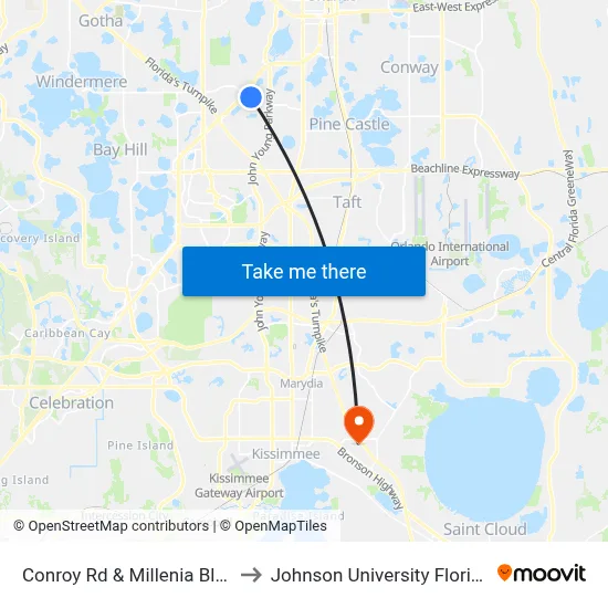 Conroy Rd & Millenia Blvd to Johnson University Florida map