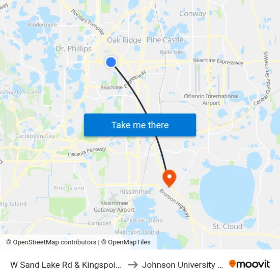 W Sand Lake Rd & Kingspointe Pkwy to Johnson University Florida map