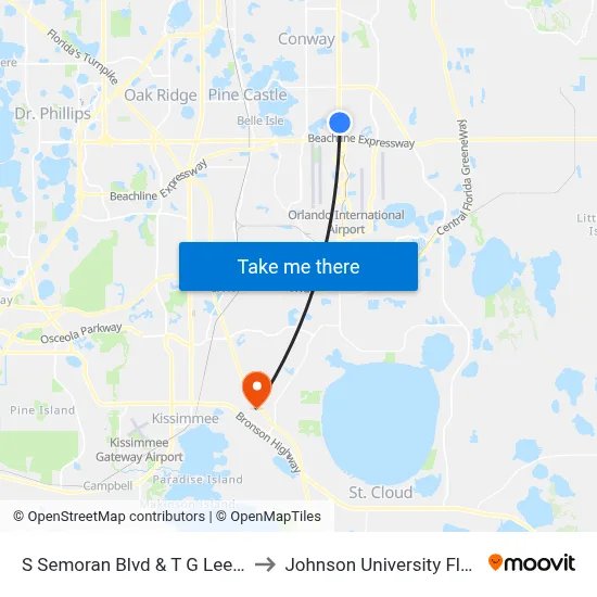 S Semoran Blvd & T G Lee Blvd to Johnson University Florida map