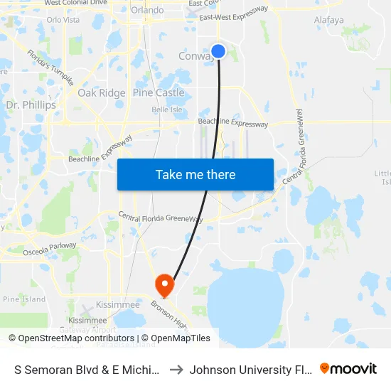 S Semoran Blvd & E Michigan St to Johnson University Florida map