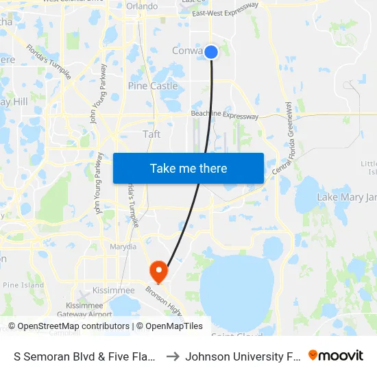 S Semoran Blvd & Five Flags Blvd to Johnson University Florida map