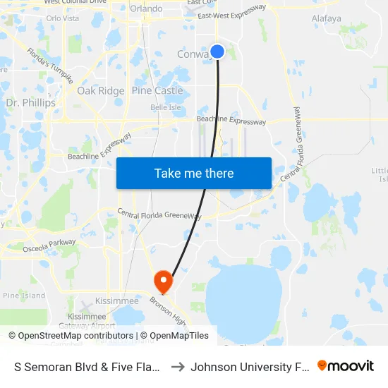 S Semoran Blvd & Five Flags Blvd to Johnson University Florida map