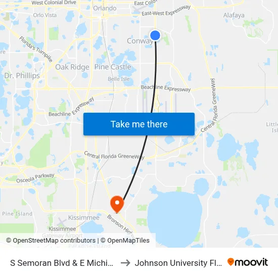 S Semoran Blvd & E Michigan St to Johnson University Florida map