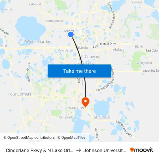 Cinderlane Pkwy & N Lake Orlando Pkwy to Johnson University Florida map