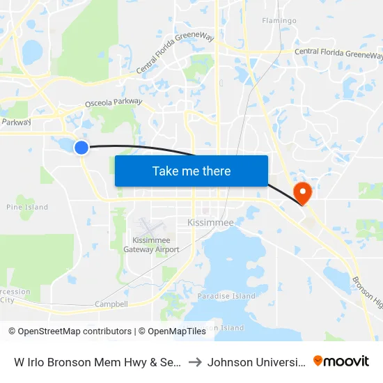 W Irlo Bronson Mem Hwy & Seven Dwarfs Ln to Johnson University Florida map