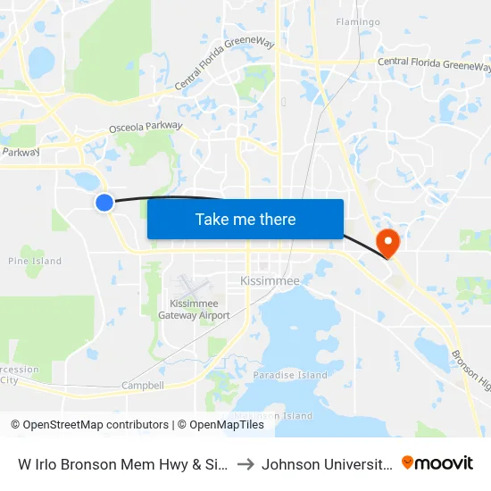 W Irlo Bronson Mem Hwy & Siesta Lago Dr to Johnson University Florida map