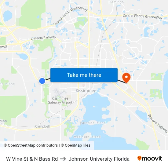 W Vine St & N Bass Rd to Johnson University Florida map