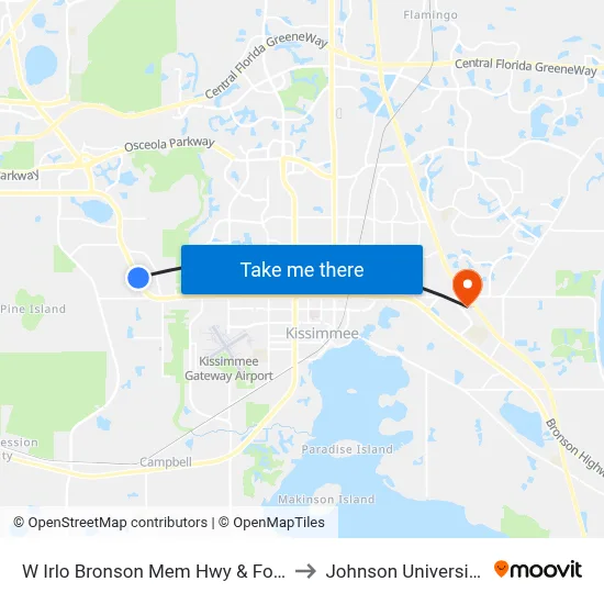 W Irlo Bronson Mem Hwy & Four Winds Blvd to Johnson University Florida map