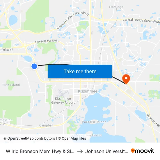 W Irlo Bronson Mem Hwy & Siesta Lago Dr to Johnson University Florida map