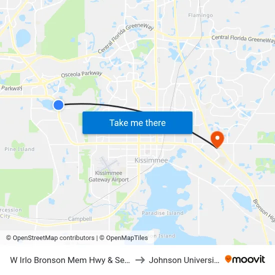 W Irlo Bronson Mem Hwy & Seven Dwarfs Ln to Johnson University Florida map