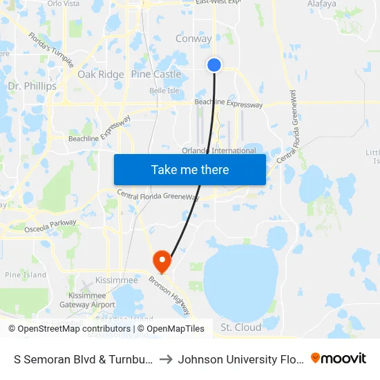 S Semoran Blvd & Turnbull Dr to Johnson University Florida map