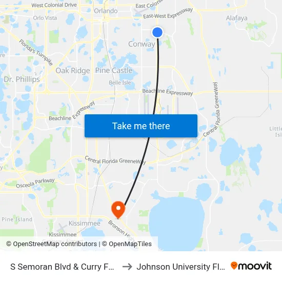 S Semoran Blvd & Curry Ford Rd to Johnson University Florida map