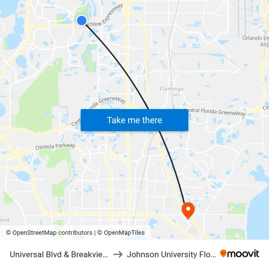 Universal Blvd & Breakview Dr to Johnson University Florida map