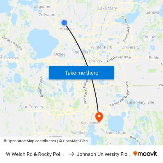 W Welch Rd & Rocky Point Rd to Johnson University Florida map
