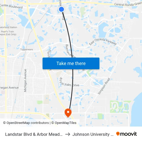 Landstar Blvd & Arbor Meadows Blvd to Johnson University Florida map