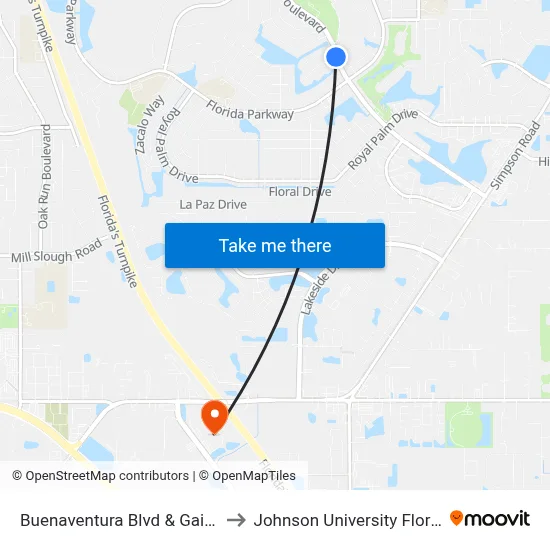 Buenaventura Blvd & Gait Ct to Johnson University Florida map