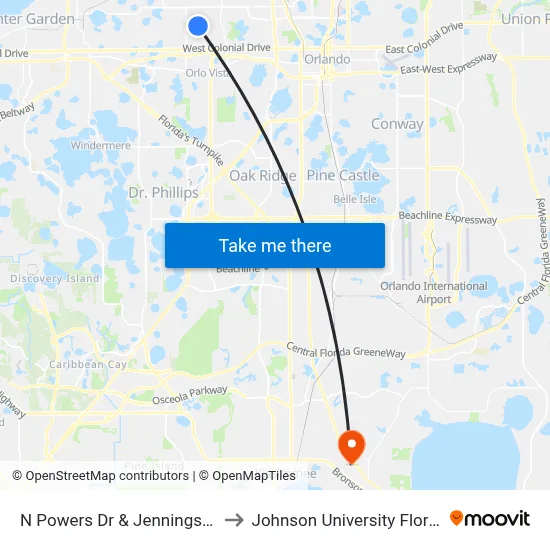 N Powers Dr & Jennings Rd to Johnson University Florida map