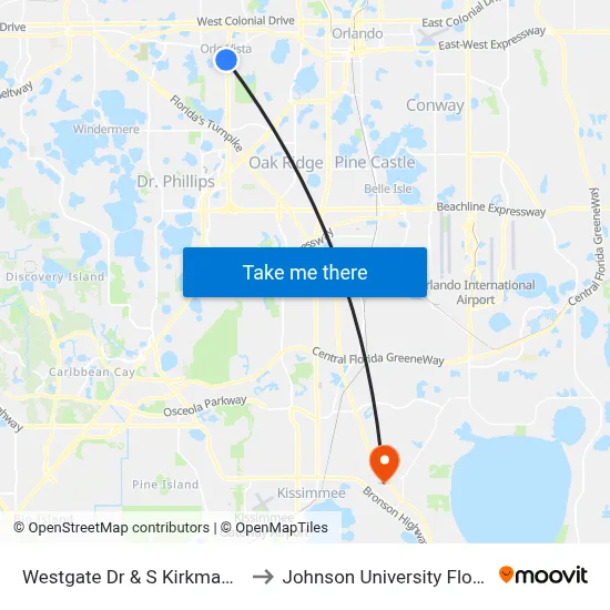 Westgate Dr & S Kirkman Rd to Johnson University Florida map