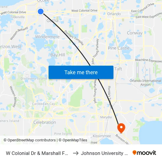 W Colonial Dr & Marshall Farms Rd to Johnson University Florida map