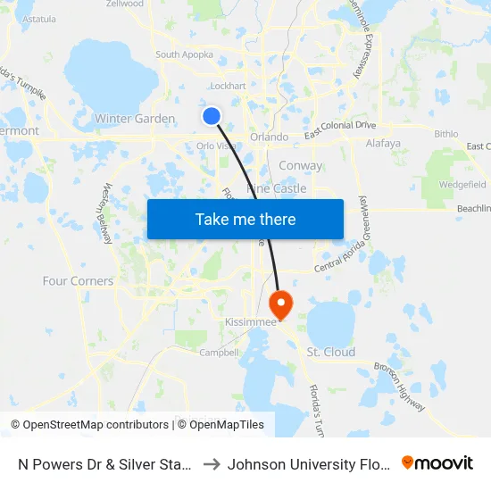 N Powers Dr & Silver Star Rd to Johnson University Florida map