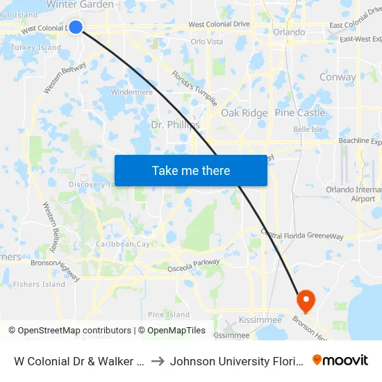 W Colonial Dr & Walker St to Johnson University Florida map
