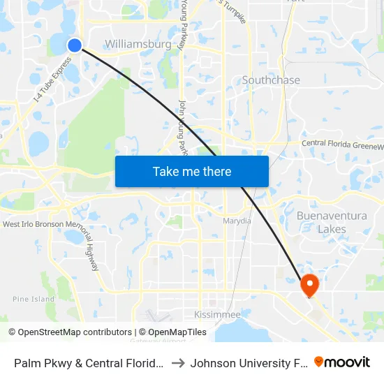 Palm Pkwy & Central Florida Pkwy to Johnson University Florida map