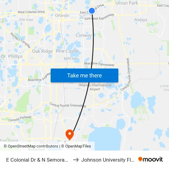 E Colonial Dr & N Semoran Blvd to Johnson University Florida map