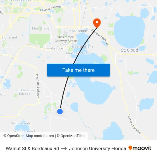 Walnut St & Bordeaux Rd to Johnson University Florida map