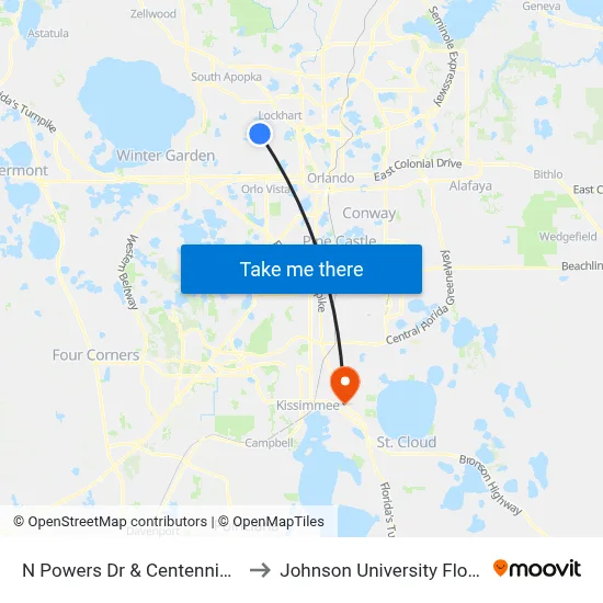 N Powers Dr & Centennial Dr to Johnson University Florida map