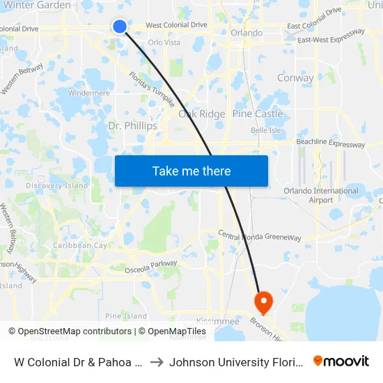 W Colonial Dr & Pahoa St to Johnson University Florida map