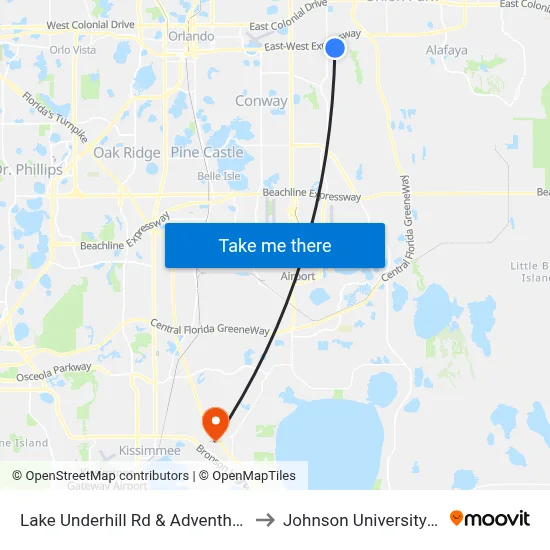 Lake Underhill Rd & Adventhealth East to Johnson University Florida map