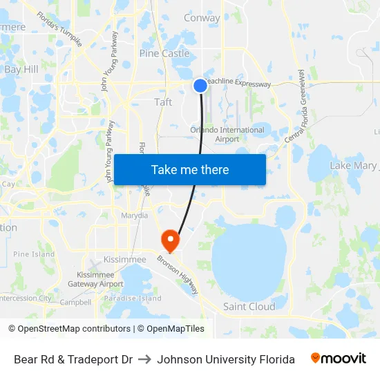 Bear Rd & Tradeport Dr to Johnson University Florida map