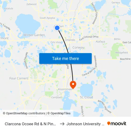 Clarcona Ocoee Rd & N Pine Hills Rd to Johnson University Florida map